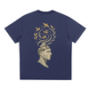 Back design showing mind-inspired artistic pattern with birds on blue cotton blend

