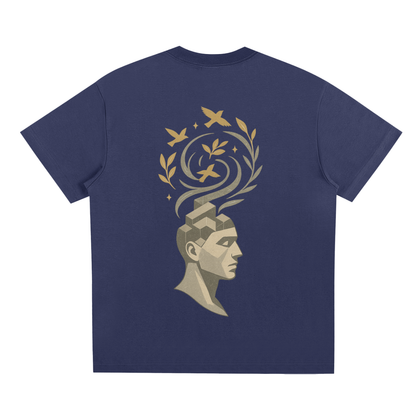 Back design showing mind-inspired artistic pattern with birds on blue cotton blend

