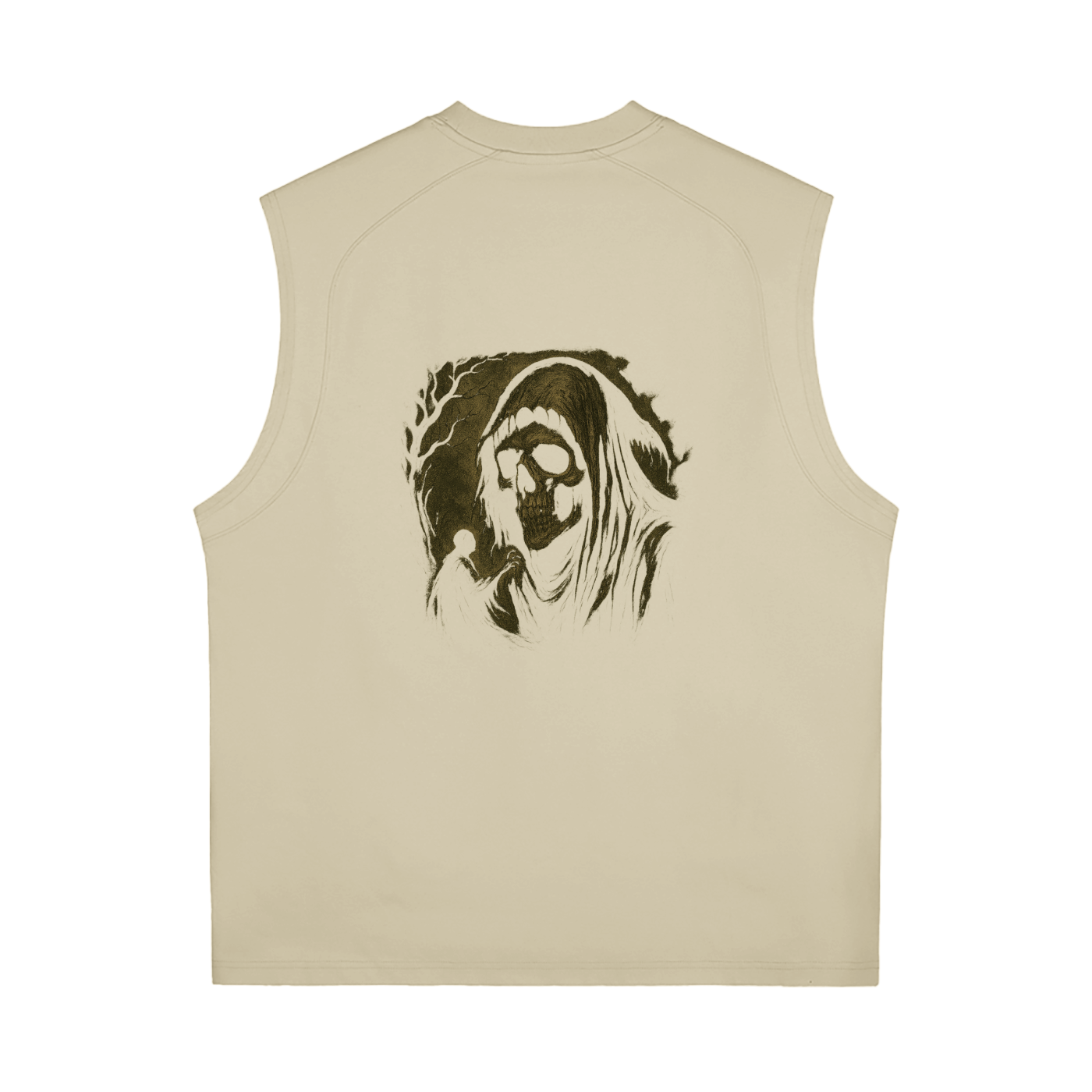 Sleeveless streetwear shirt with skull reaper artwork and soft fabric, apricot