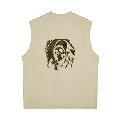 Sleeveless streetwear shirt with skull reaper artwork and soft fabric, apricot