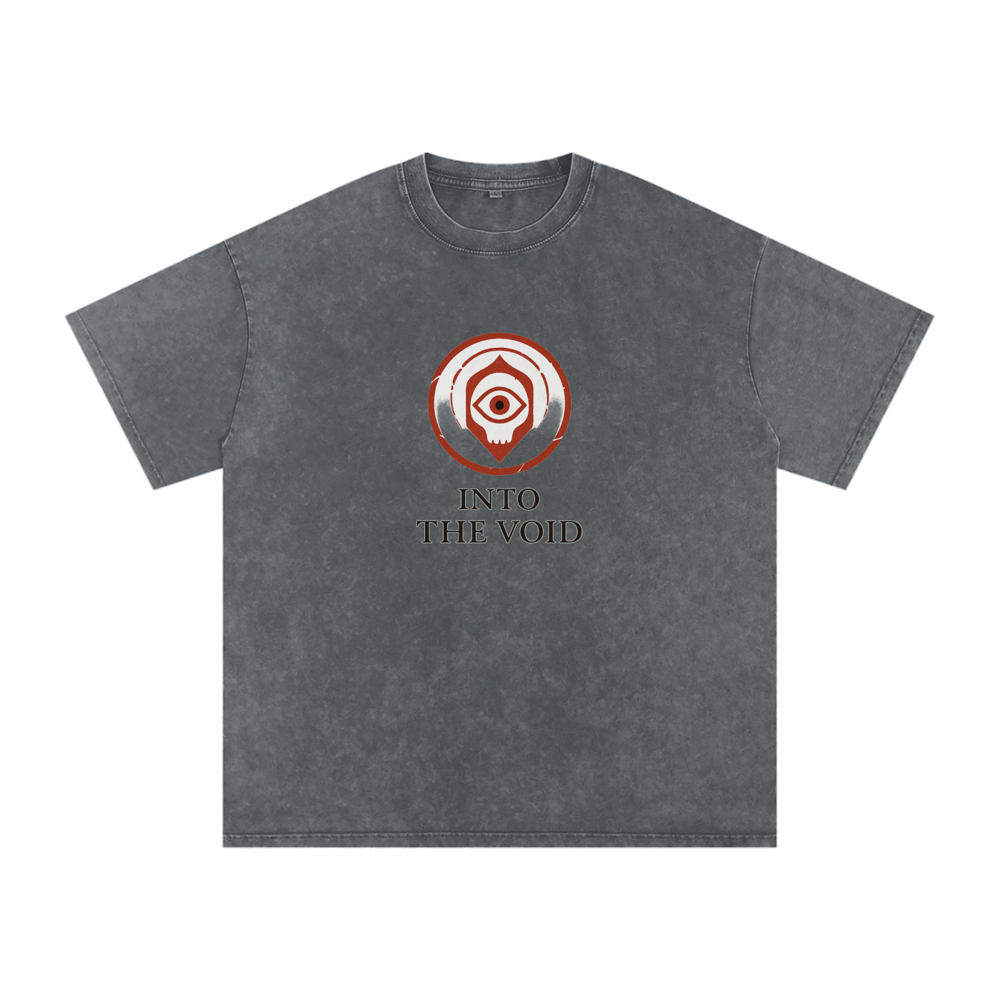 Voidcaller graphic t-shirt with spiral eye and cotton texture, pirate gray