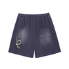 Navy blue shorts with surreal eye motif on the back