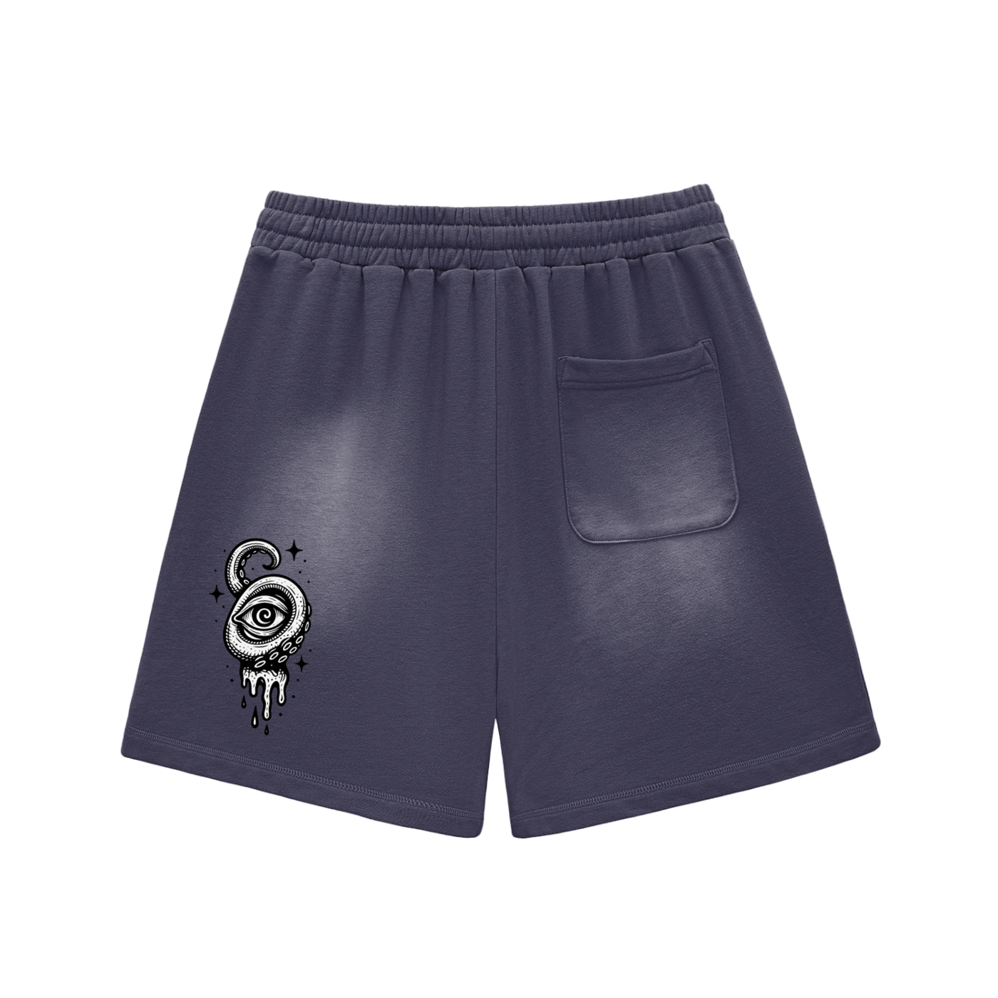 Navy blue shorts with surreal eye motif on the back
