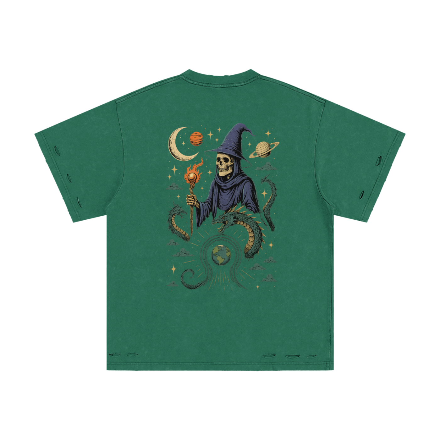Serpent and planets print on dark green streetwear tee back

