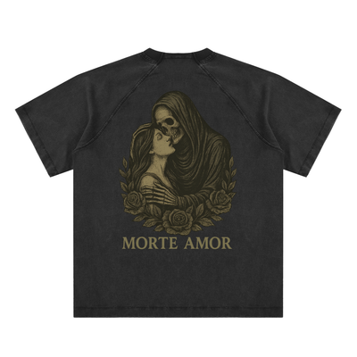 Gothic reaper hugging woman with “MORTE AMOR” text on black fabric