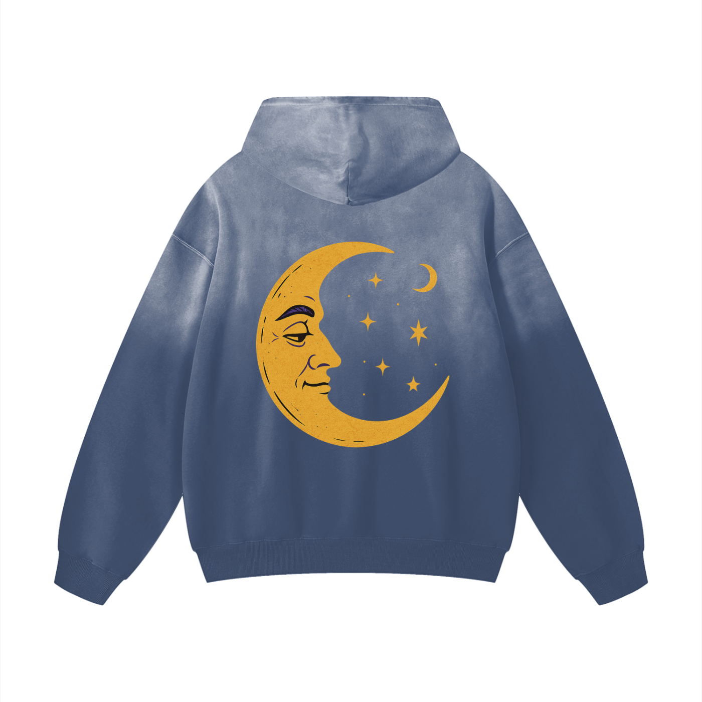 Gray blue hoodie with fantasy moon and celestial elements on back – oversized fit