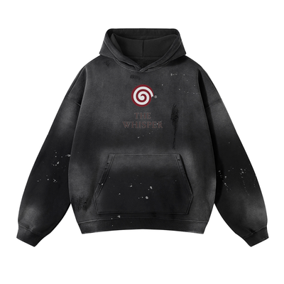  Mystic Spiral Eye graphic hoodie with frayed details and washed texture, black