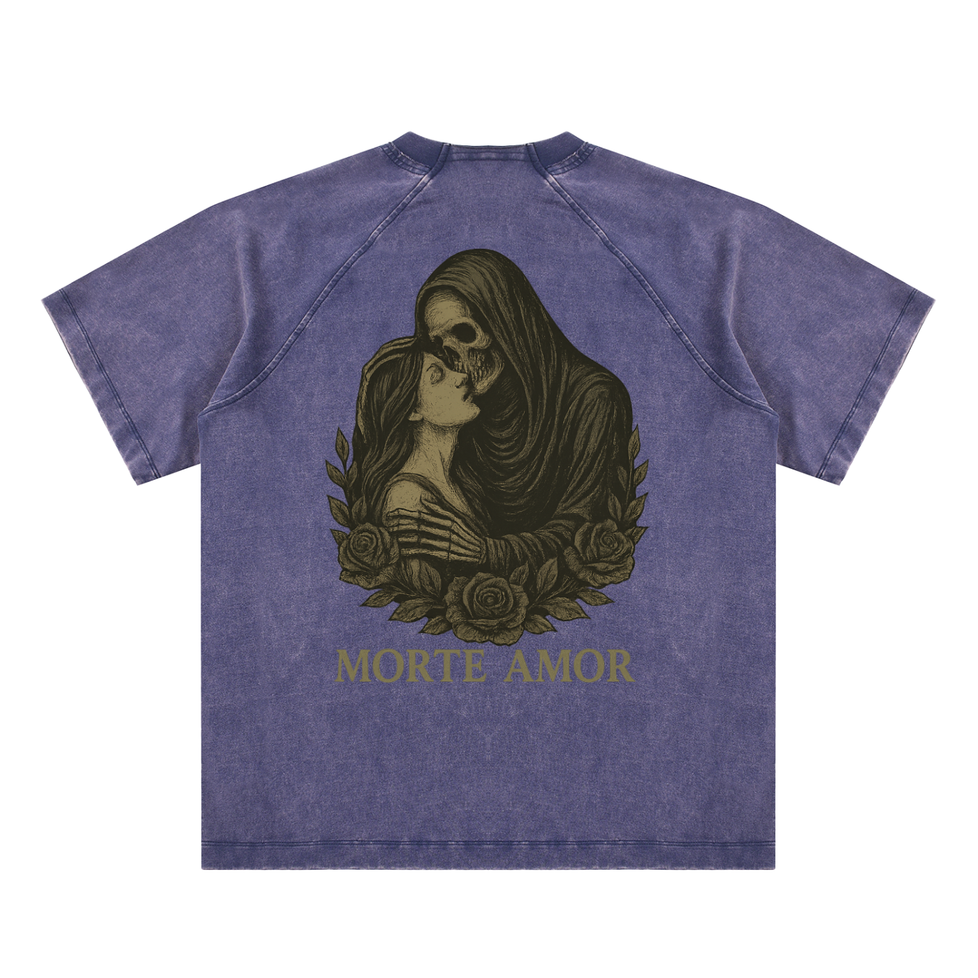 Bold back print of death and love scene on navy blue cotton

