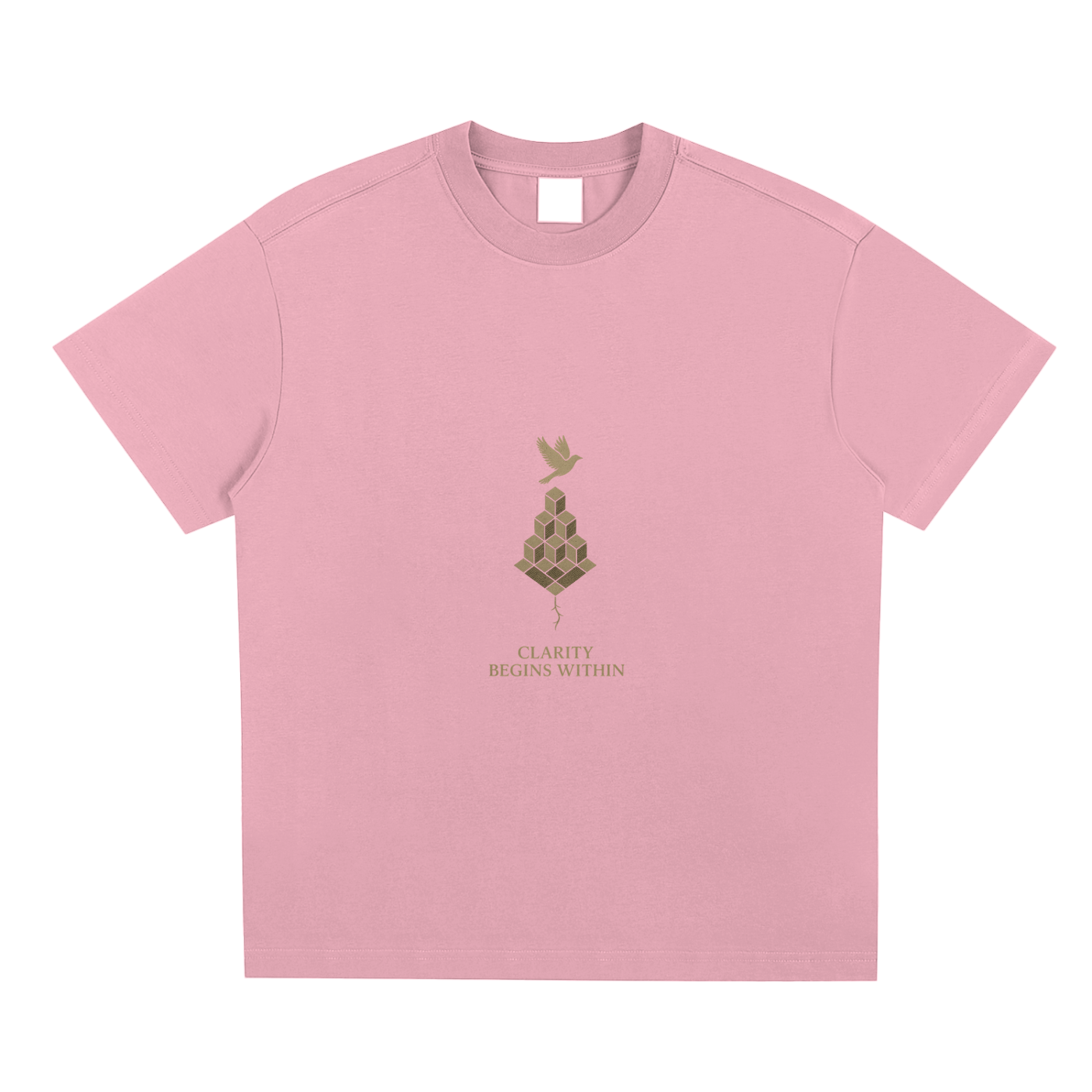 Soft pink oversized tee with Mind Bloom front print showing golden expanding thoughts
