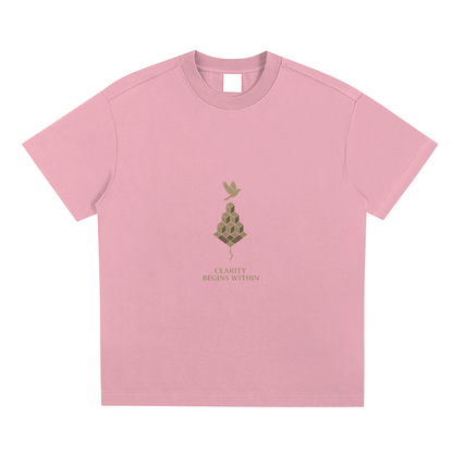 Soft pink oversized tee with Mind Bloom front print showing golden expanding thoughts
