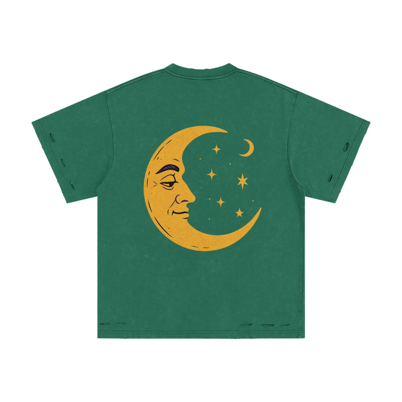 Back side of dark green cotton tee with moon face and stars print – Remains of the Unreal design

