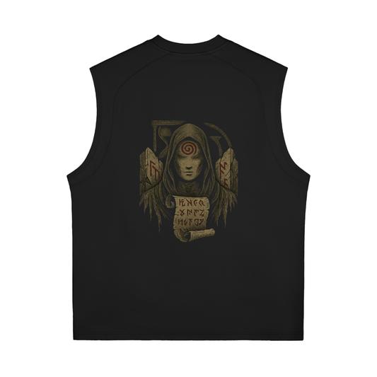 Sleeveless eco-conscious shirt with mystical back print artwork, black