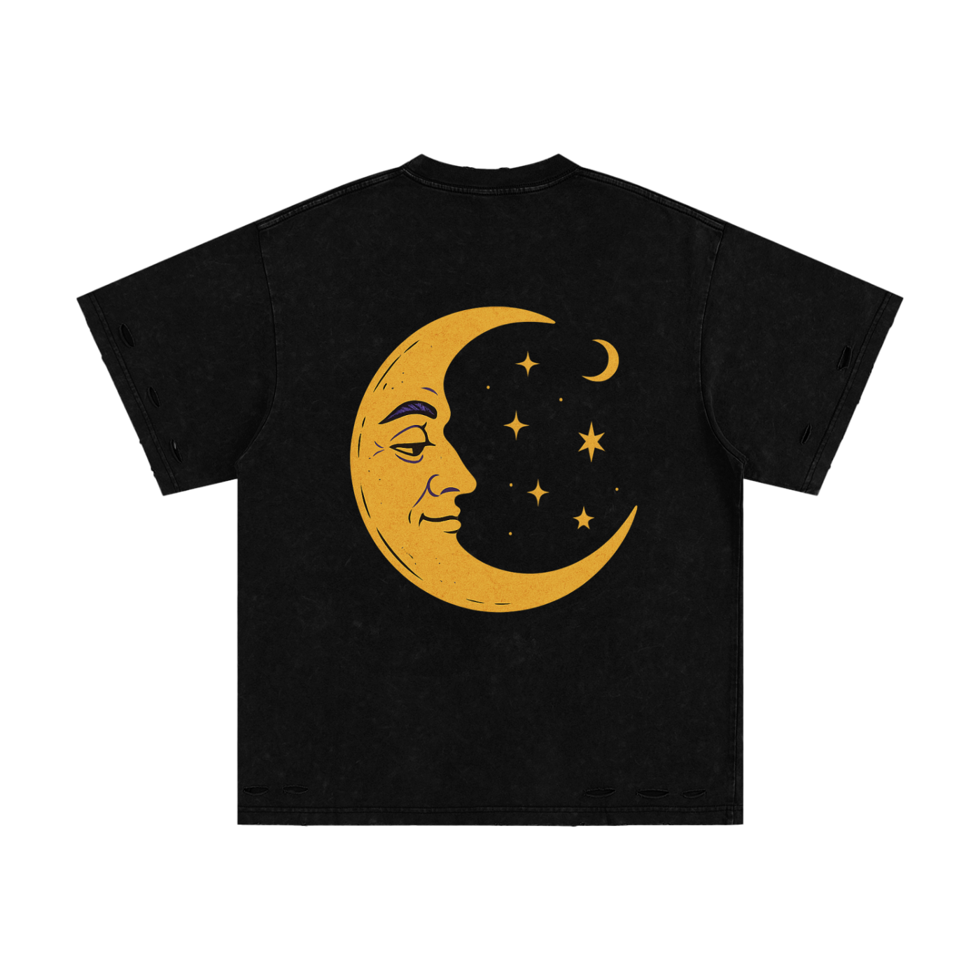Back view of black Remains of the Unreal t-shirt with moon and stars graphic

