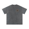 Front view of Crowned Heart graphic t-shirt with taçlı kalp, gül ve damlayan kan baskısı – black washed oversized tee Pirate Gray