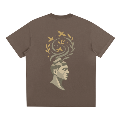 Back graphic showing artistic mind, leaves, and birds concept in earthy brown tone

