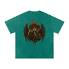 Back design of oversized graphic tee featuring three-faced gothic figure with roses and rising smoke Dark Green

