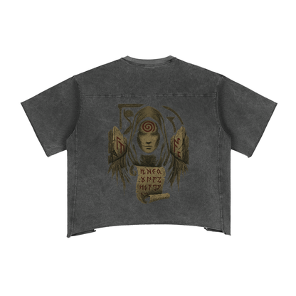 Back view of unisex streetwear cotton t-shirt with spiral eye print, gray