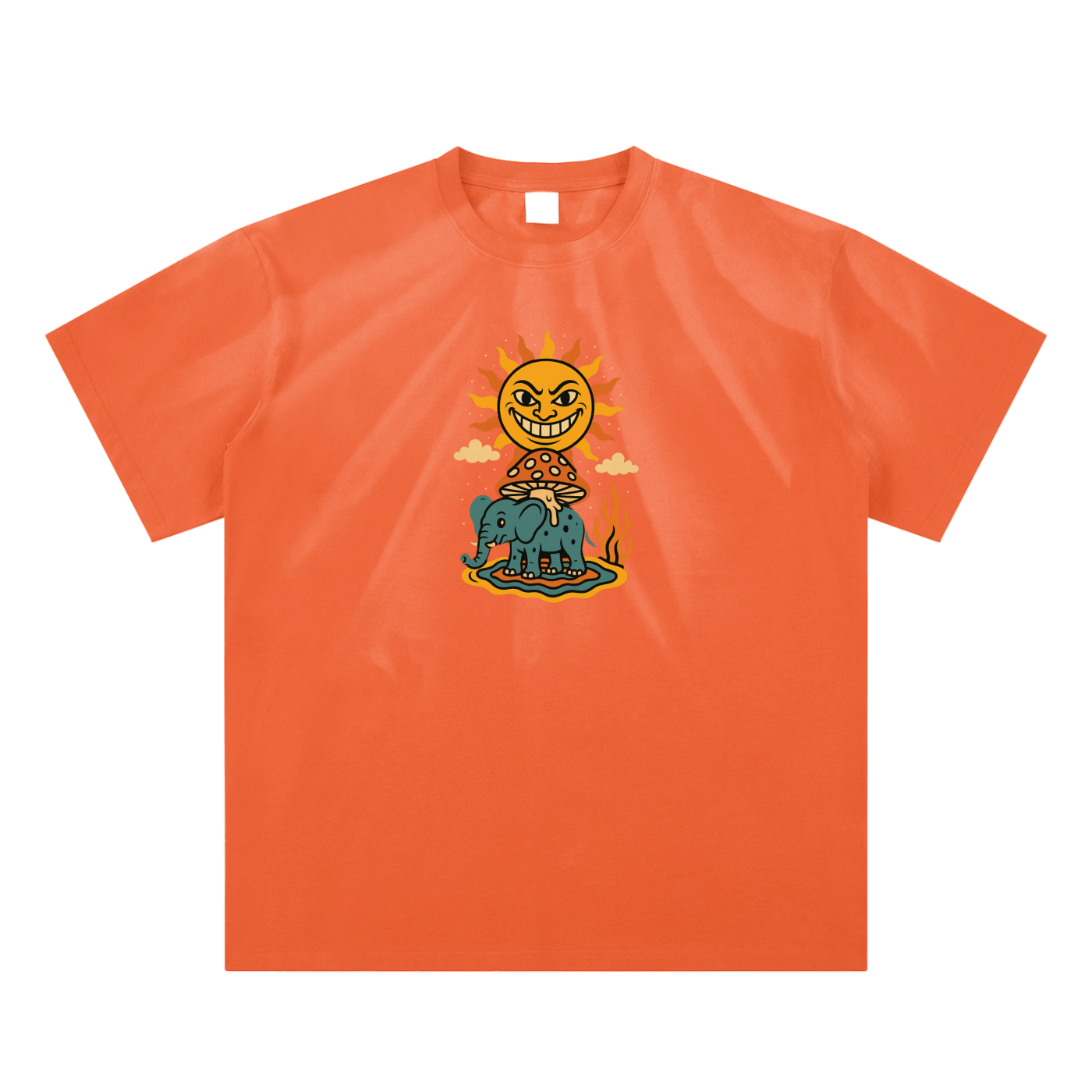 Orange cotton tee with graphic wizard and flame illustration