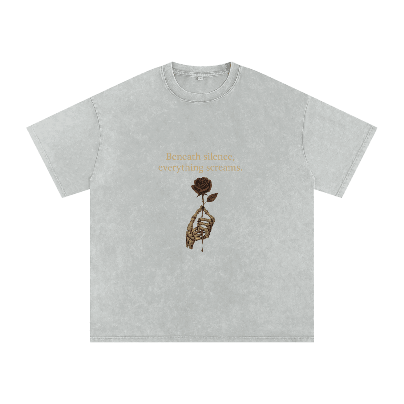Front print of Masked Silence tee showing skeleton hand holding red rose beneath a silent quote on washed black cotton Light Gray


