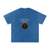 Front view of Love Is Pain graphic t-shirt showing bleeding rose wrapped in barbed wire – Stitro unisex design Dark Blue

