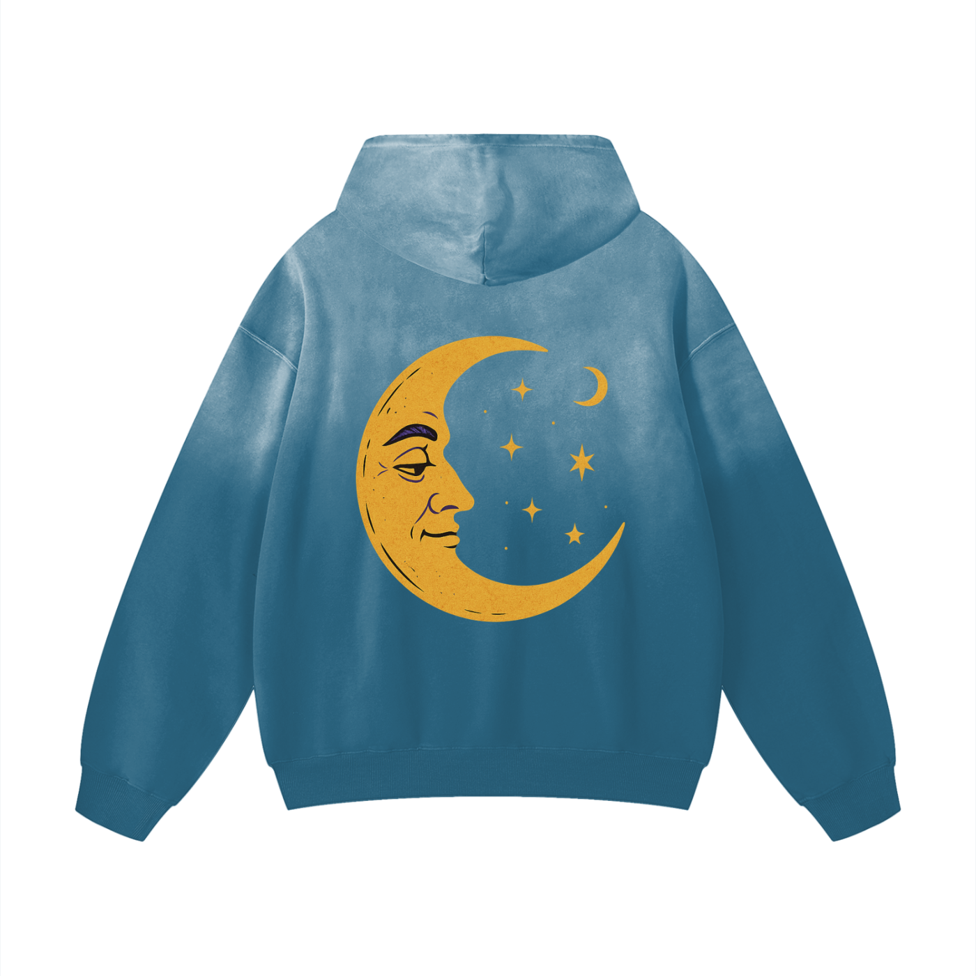 Jeans blue streetwear hoodie with artistic moon face and stars design – Cosmic collection