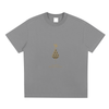 Gray Mind Bloom tee front with geometric head and flying birds design in golden tone
