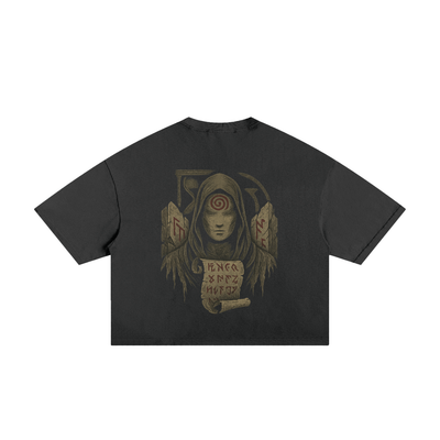 Bold spiral artwork on ripped style cotton t-shirt, black