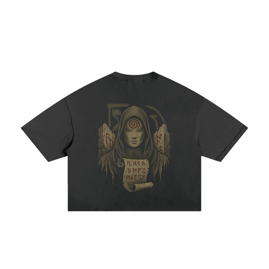 Bold spiral artwork on ripped style cotton t-shirt, black