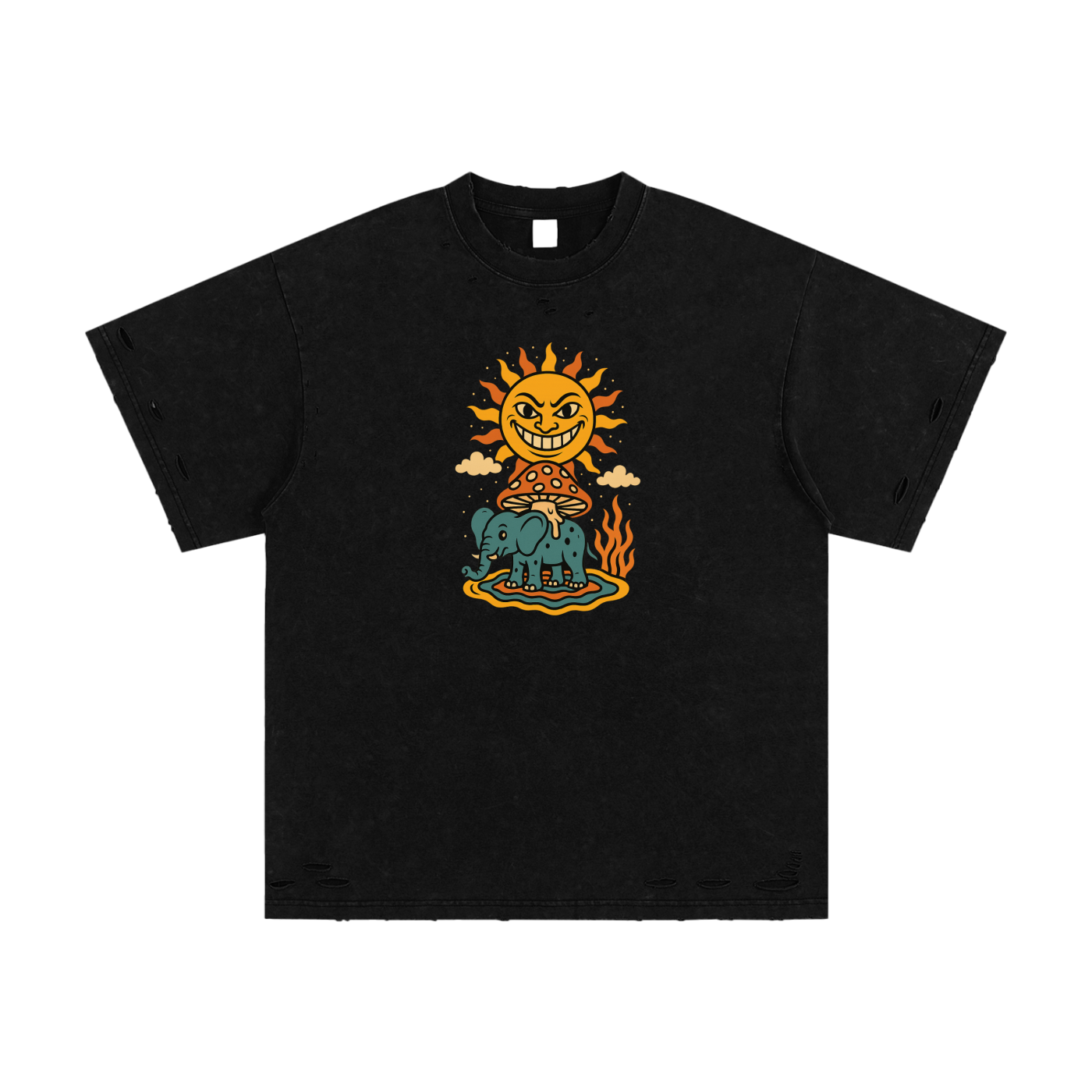 Cosmic wizard print on black oversized cotton graphic tee front

