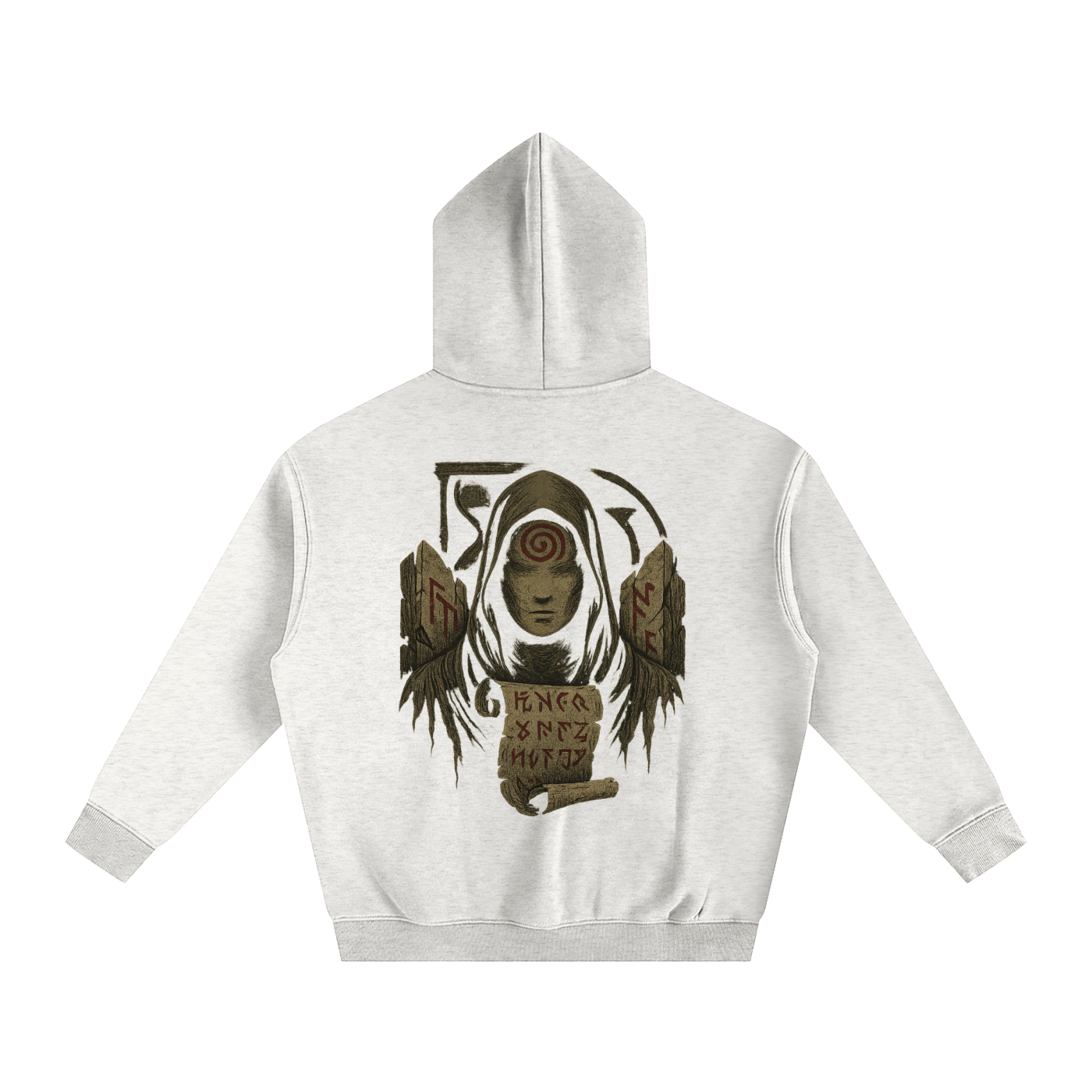 Unisex streetwear hoodie with mystic back print design, oat gray