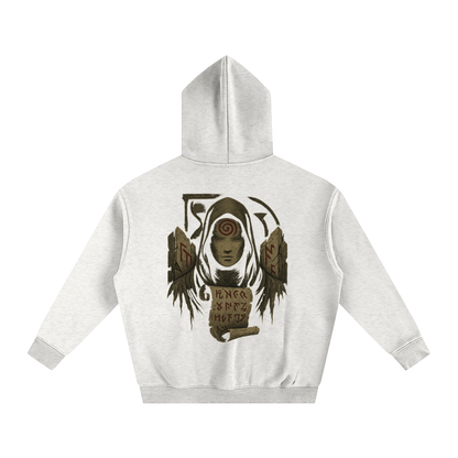 Unisex streetwear hoodie with mystic back print design, oat gray