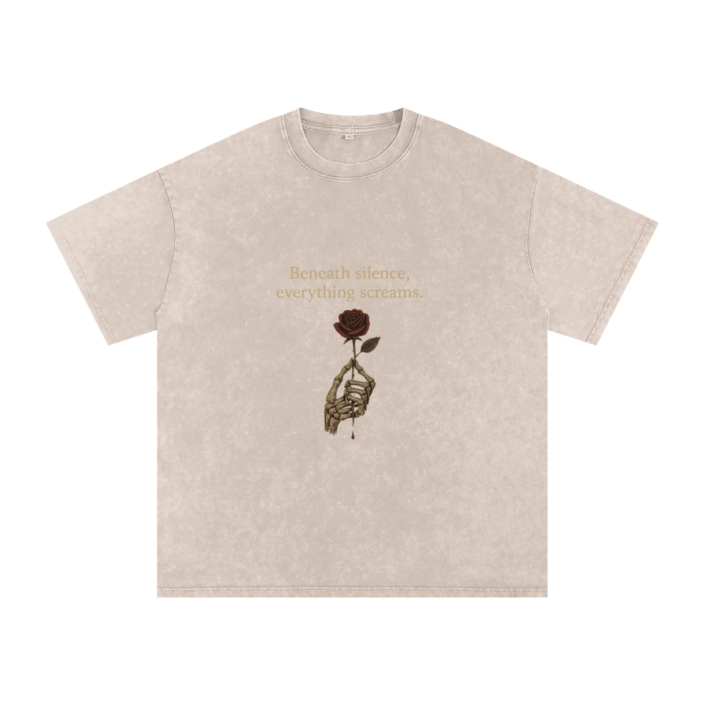Front print of Masked Silence tee showing skeleton hand holding red rose beneath a silent quote on washed black cotton Apricot

