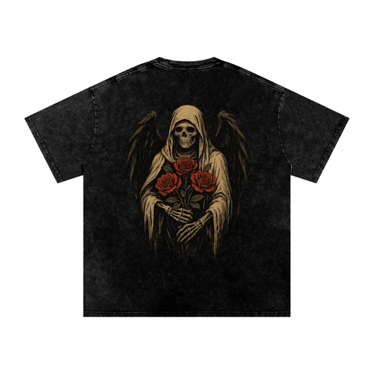Front design of dark graphic tee featuring golden rose artwork with skull motif on washed cotton Black

