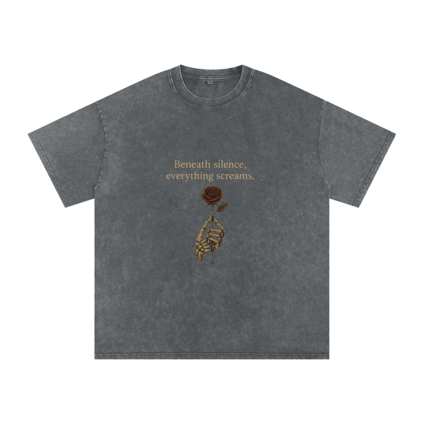 Front print of Masked Silence tee showing skeleton hand holding red rose beneath a silent quote on washed black cotton Pirate Gray