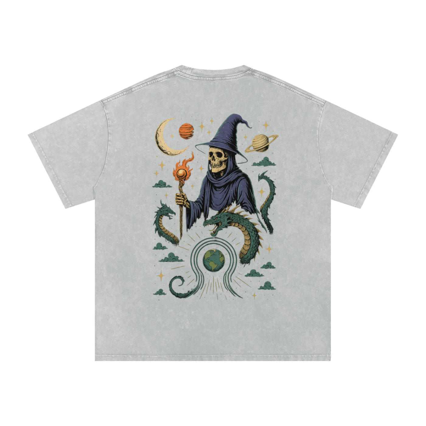 Cosmic serpent wizard and Earth on light gray t-shirt back

