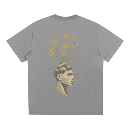 Back artwork depicting organic mind bloom concept on gray streetwear tee

