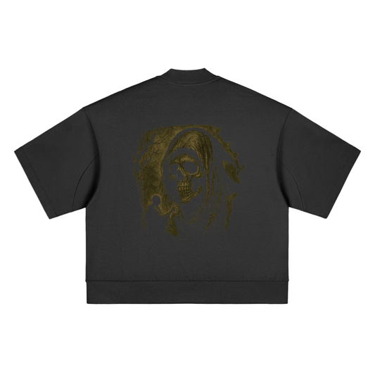 Gothic skull reaper print on bold heavyweight cotton shirt, black
