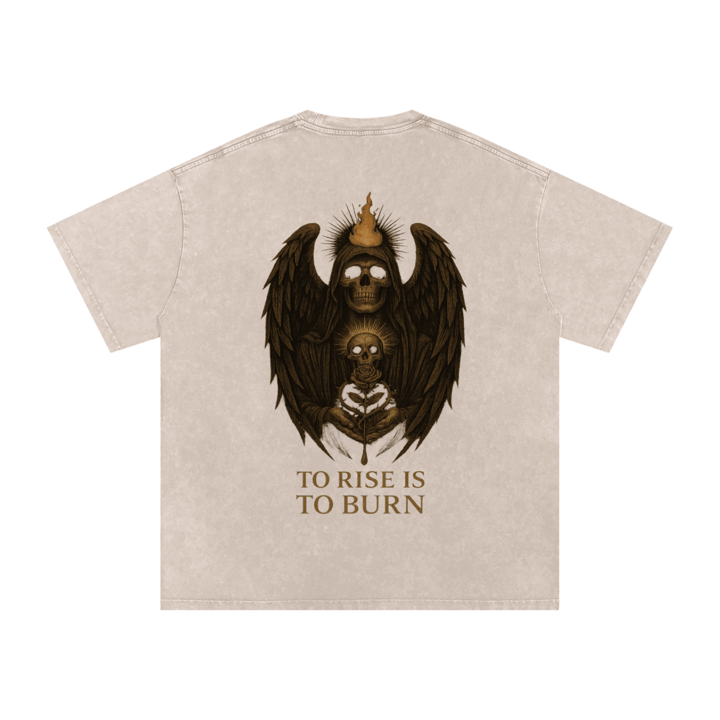 Back design of flaming skull angel holding a rose with ‘To Rise Is To Burn’ message – gothic oversized tee Apricot