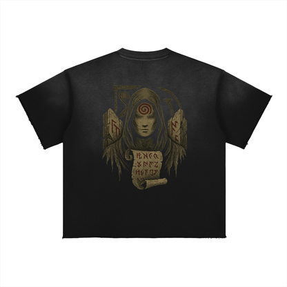 Streetwear shirt with mystical spiral back design and oversized fit, black