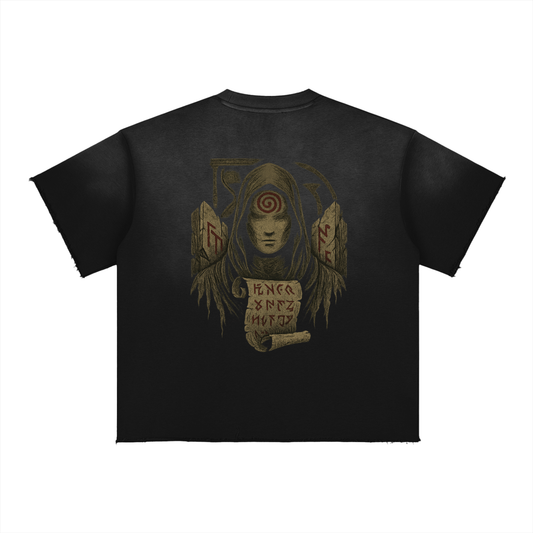 Streetwear shirt with mystical spiral back design and oversized fit, black
