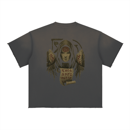 Streetwear shirt with mystical spiral back design and oversized fit, dark gray