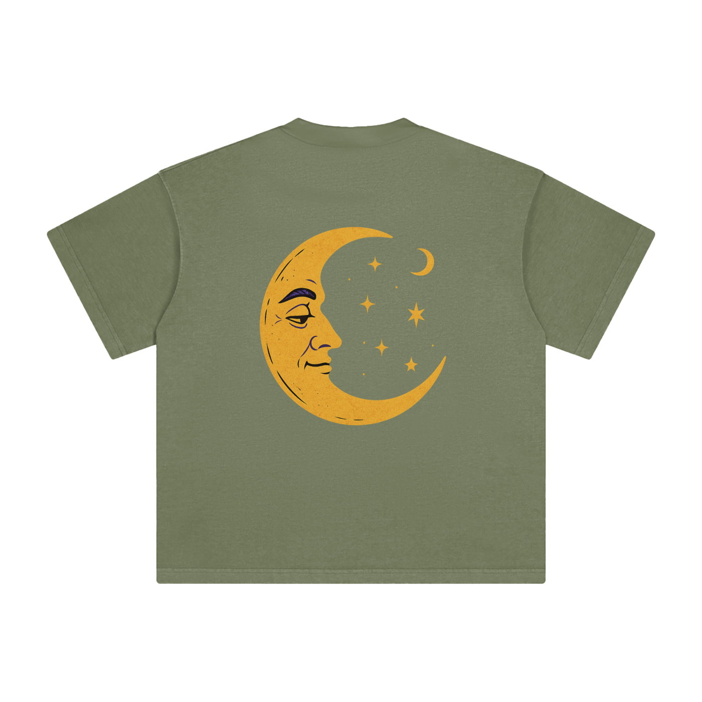 Mystical universe-themed print on Greyish Green cotton fabric