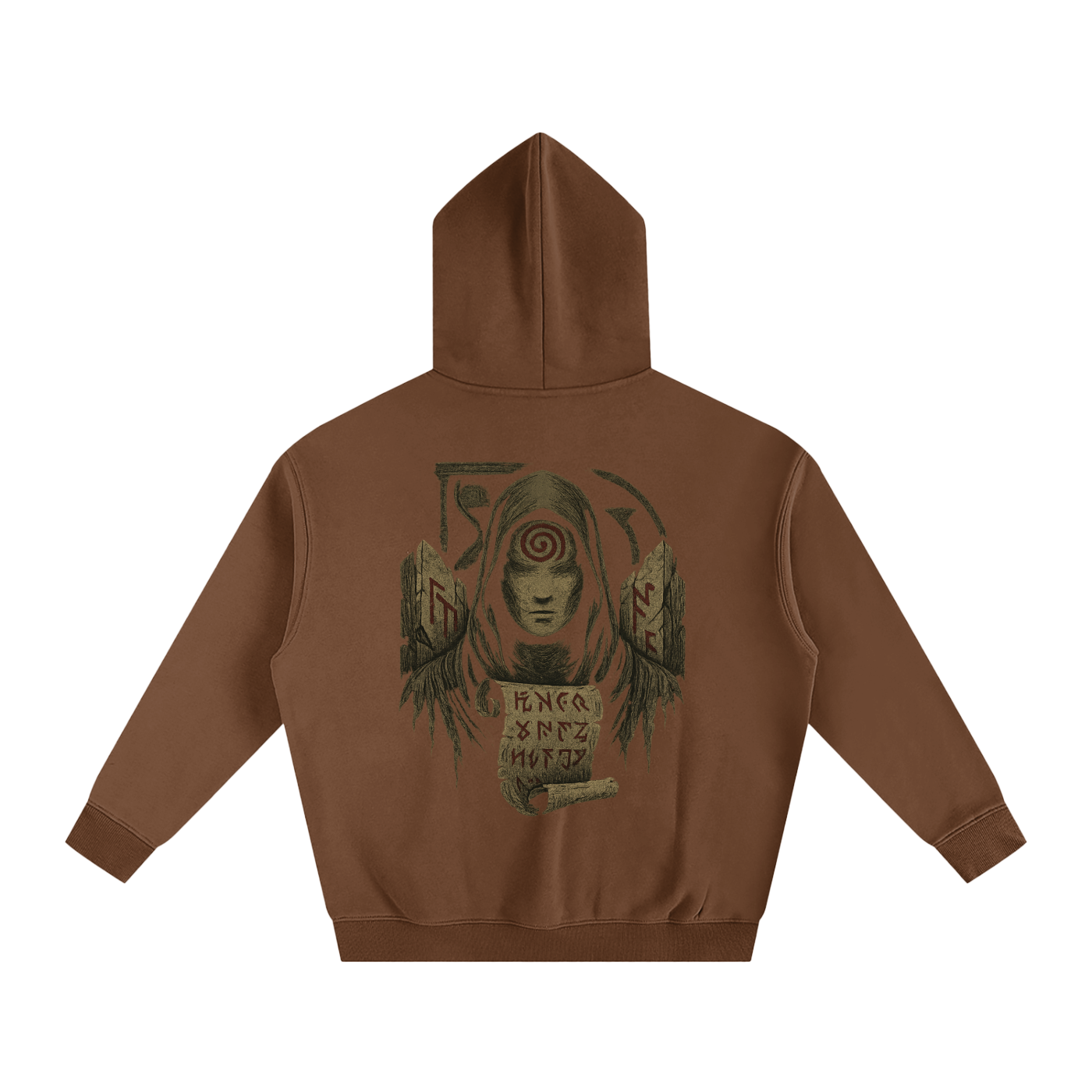 Unisex streetwear hoodie with mystic back print design, brown